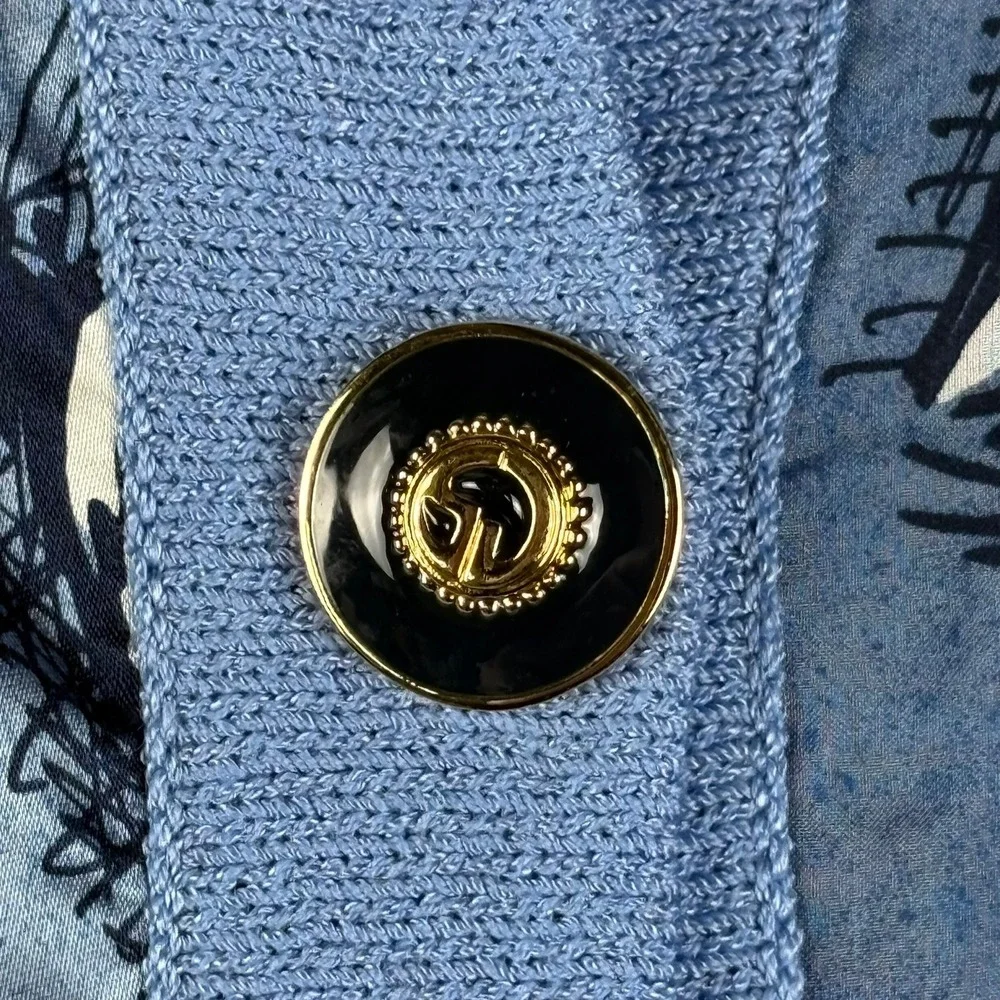 St John Collection Knit Cardigan Womens M Blue Abstract Silk‎ Lining & Scarf VTG